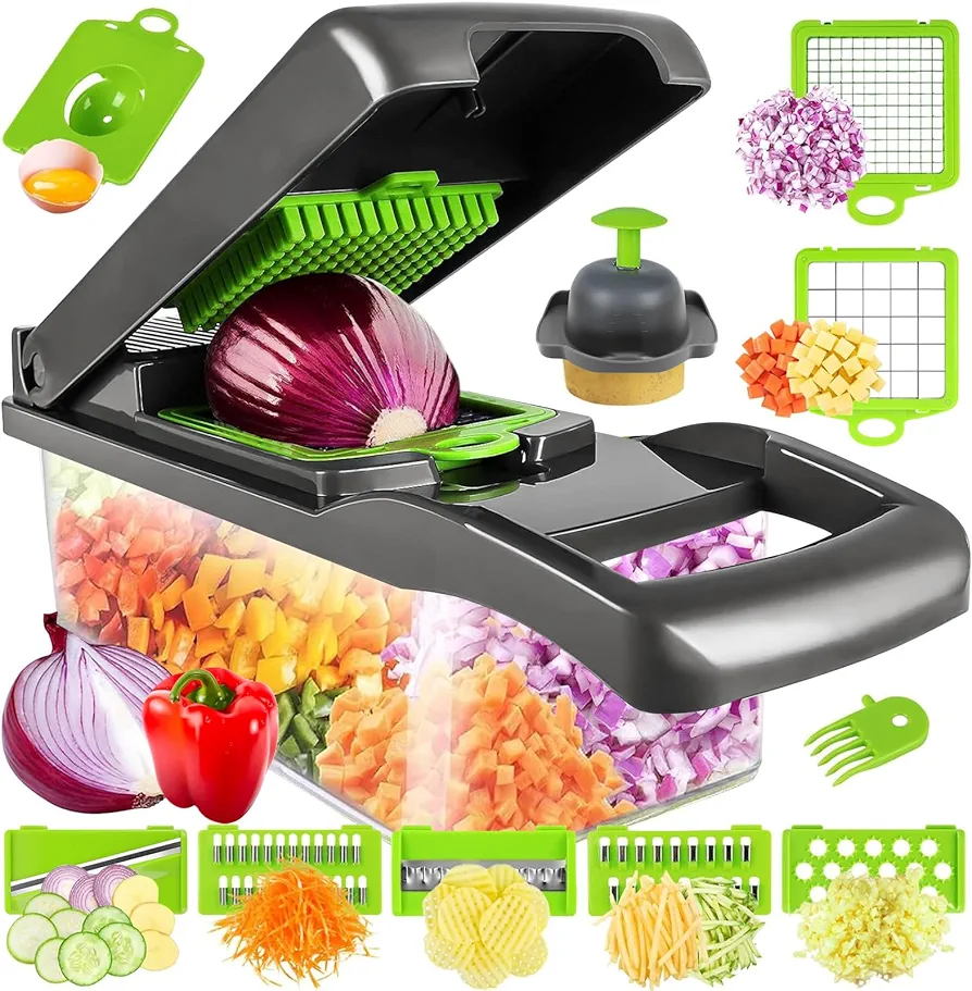 Vegetable Chopper, Pro Onion Chopper, Multifunctional 13 in 1 Food Chopper, Kitchen Vegetable Slicer Dicer Cutter,Veggie Chopper With 8 Blades,Carrot and Garlic Chopper With Container (Gray/Green)