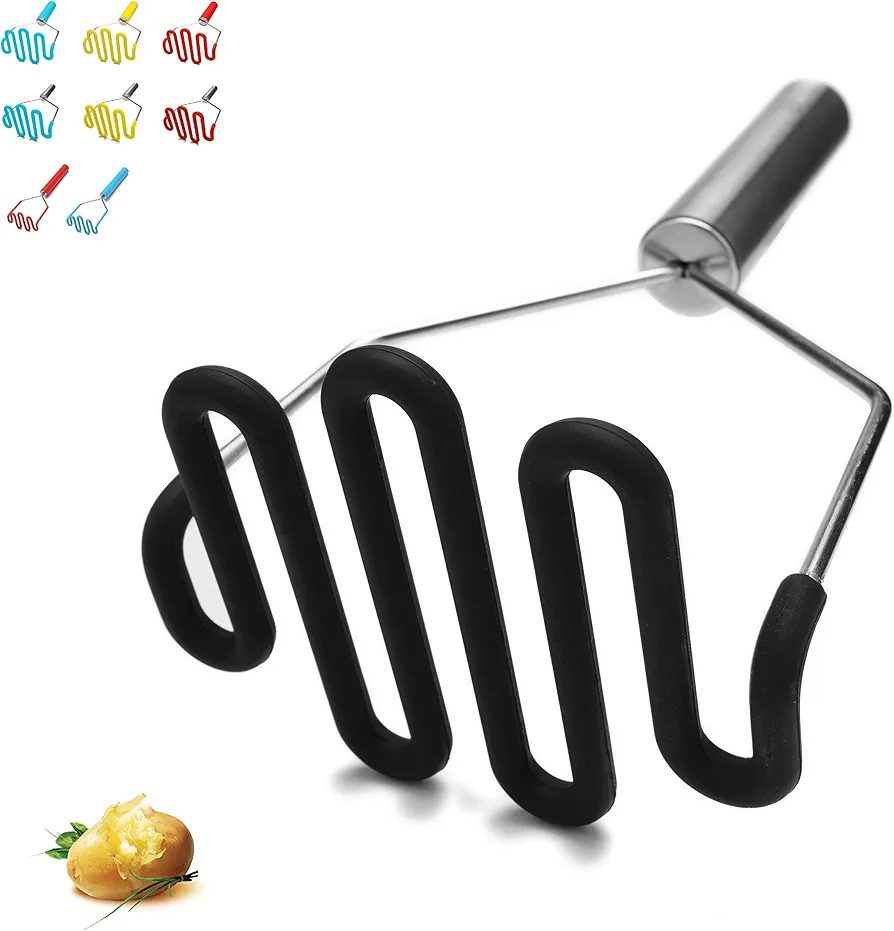 Potato Masher - Silicone Protect Body with Premuim Stainless Steel Non-Scratch Cookware for Smooth Mashed Potato Vegetables and Fruits Color Black