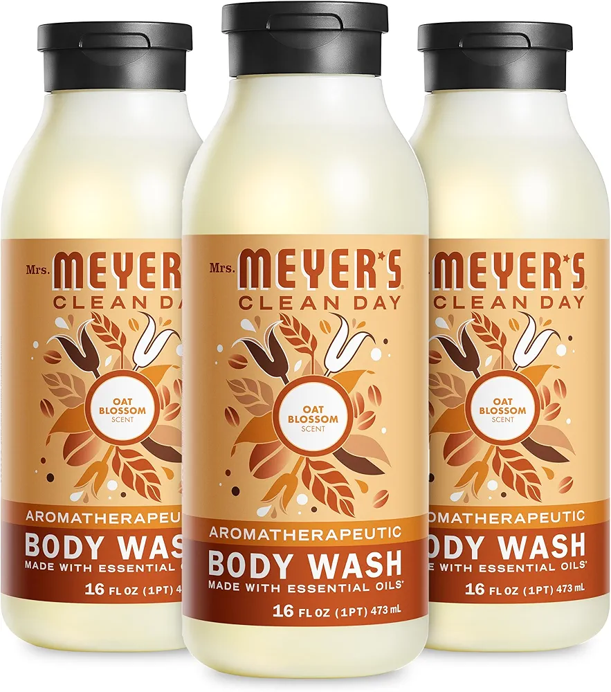 MRS. MEYER'S CLEAN DAY Moisturizing Body Wash for Women and Men, Biodegradable Shower Gel Formula Made with Essential Oils, Oat Blossom, 16 oz Bottle, Pack of 3