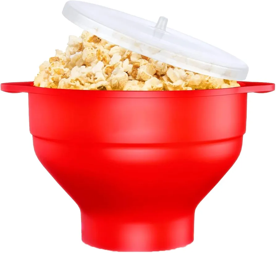 NeuOrigin Silicone Microwave Popcorn Popper - Collapsible Bowl with Lid - Easy to Use,Hot Air Microwavable Popcorn Maker Bowl, BPA-Free and Dishwasher Safe - Red"", 5.7x2.4