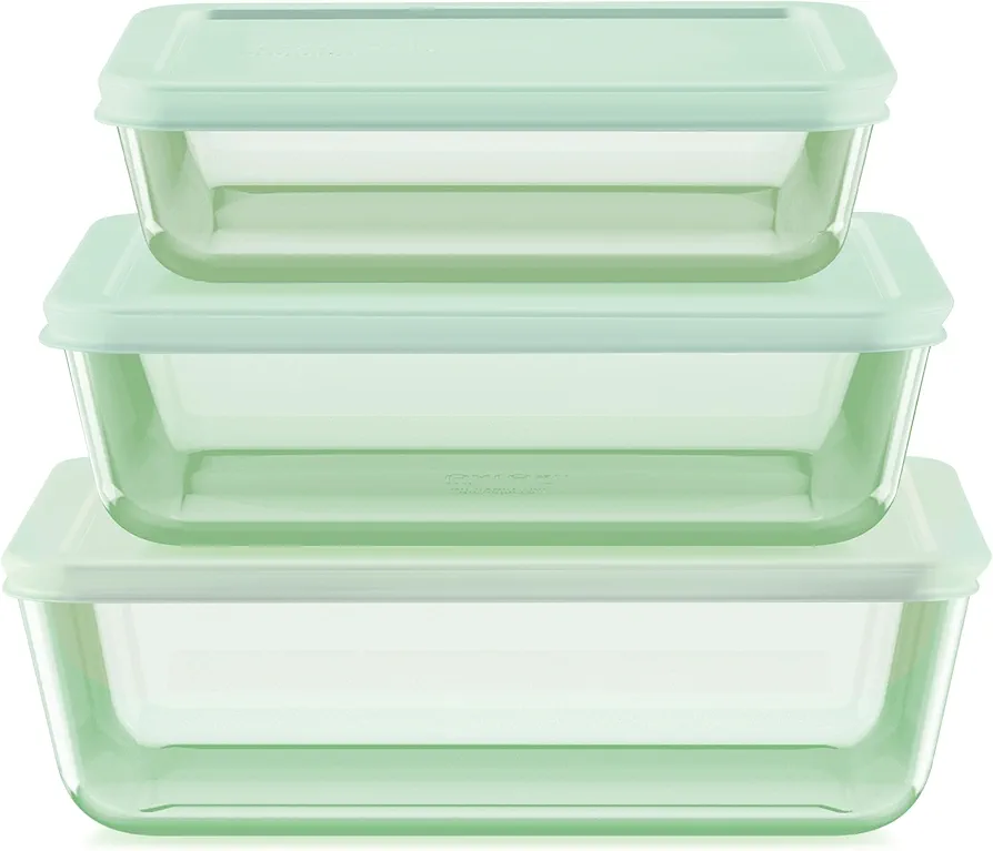 Pyrex Year of Color (3-Pack) Tinted Rectangular Glass Food Storage Containers Set, (3, 6 & 11 Cup) Meal Prep Containers With BPA-Free Lids, Dishwasher & Microwave Safe, Green