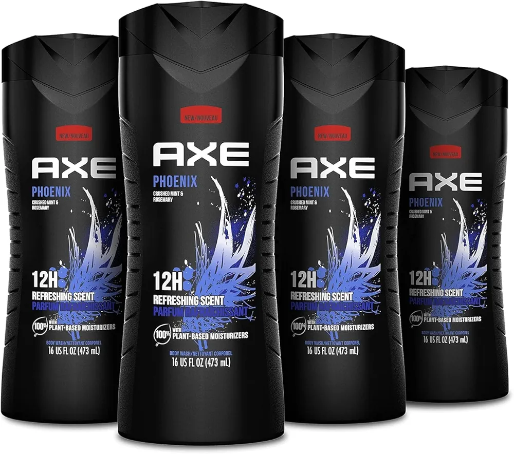 AXE Body Wash Phoenix 4 Count 12h Refreshing Scent Crushed Mint & Rosemary Men's Body Wash with 100% Plant-Based Moisturizers 16 oz