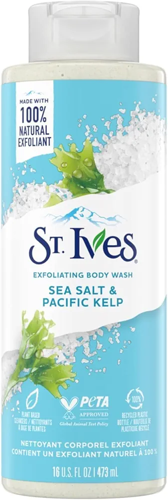 St. Ives Exfoliating Body Wash - Sea Salt & Pacific Kelp Scrub, Natural Body Wash, Body Soap, or Hand Soap with Plant-Based Exfoliants for Glowing Skin, 16 Oz Ea (Pack of 2)