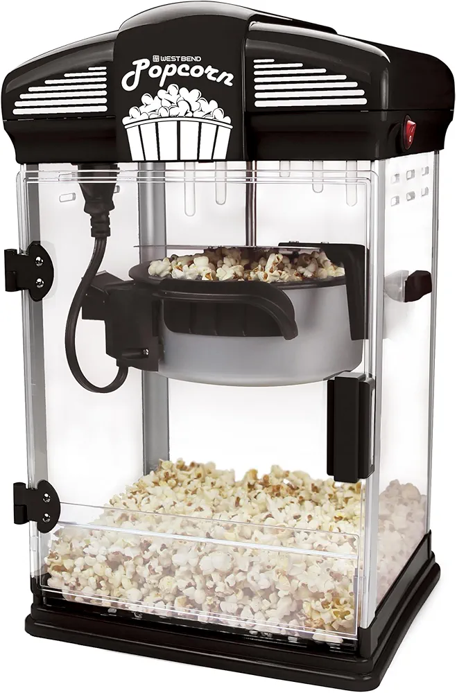 West Bend Stir Crazy Movie Theater Popcorn Popper, Gourmet Popcorn Maker Machine with Nonstick Popcorn Kettle, Measuring Tool and Popcorn Scoop for Popcorn Machine, 4 Qt., Black