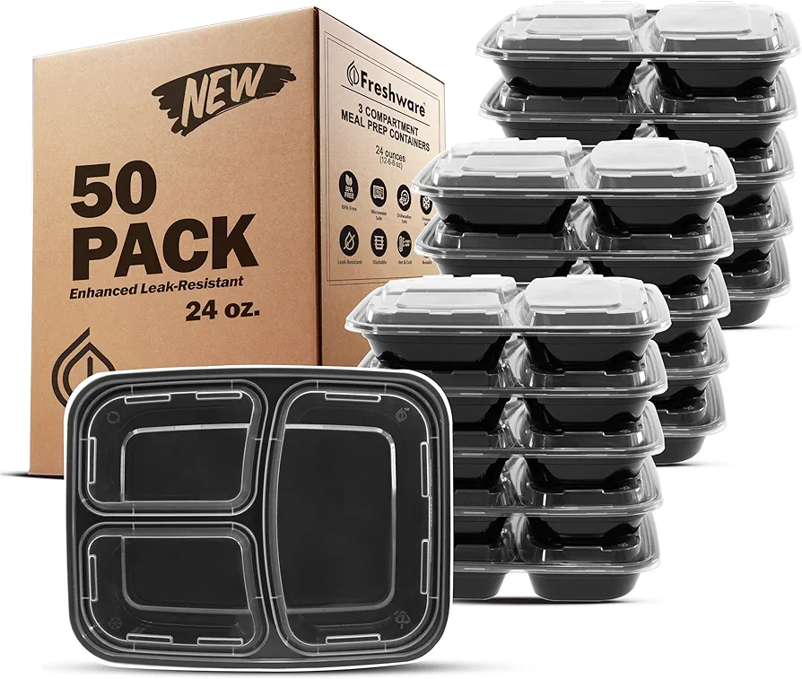 Freshware Meal Prep Containers [50 Pack] 3 Compartment Food Storage Containers with Lids, Bento Box, BPA Free, Stackable, Microwave/Dishwasher/Freezer Safe (24 oz)