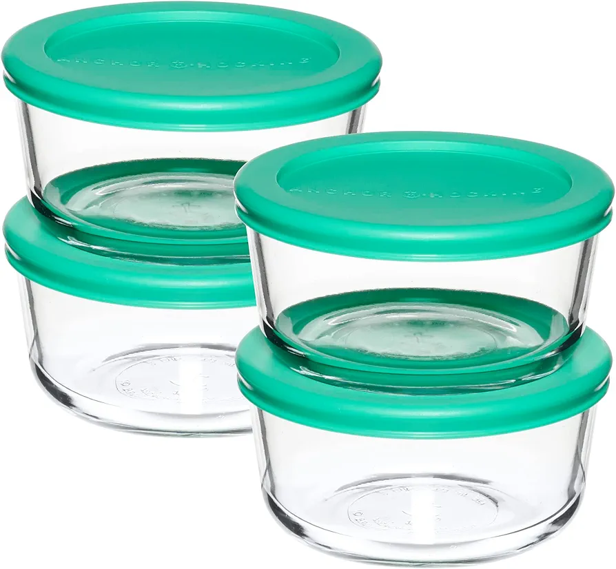 Anchor Hocking 2 Cup Glass Storage Containers with Lids, Set of 4 Glass Food Storage Containers with Mint SnugFit Lids