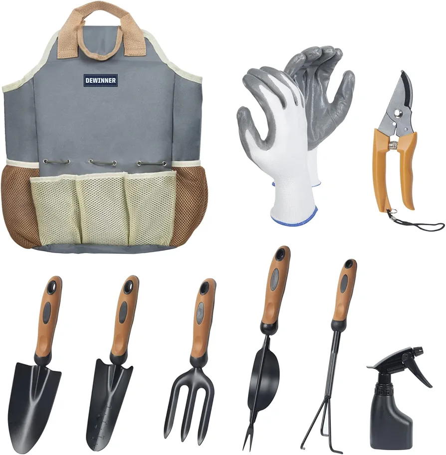 Outils Jardinage 8 Pièces, DEWINNER Kit Jardinage, Ensemble D'outils de Jardinage Acier Inoxydable pour Homme et Femme et Jardinier,avec Sac de Maintien Robuste pour Le Stockage