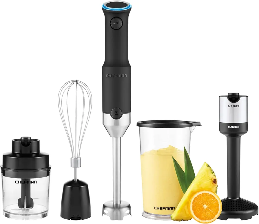 CHEFMAN Cordless Portable Immersion Blender 5-in-1 Blender Set, Ice Crushing Power with One-Touch Speed Control, Comes with Potato Masher, Whisk, Chopper, Beaker, and Storage Case, Stainless Steel