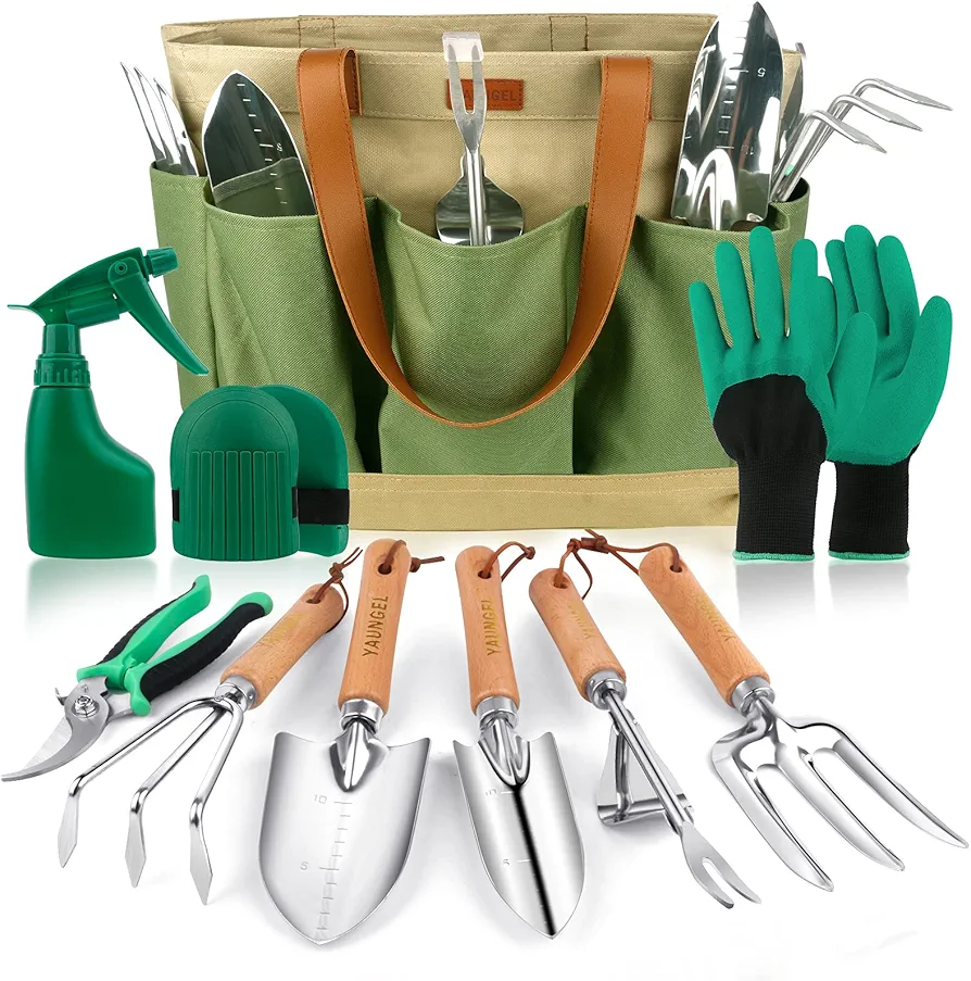 YAUNGEL Ensemble d'Outils de Jardinage, 10 Pièces en Acier Inoxydable à Usage intensif avec poignée en Bois antidérapante - Cadeaux pour Les Femmes et Les Hommes, Vert