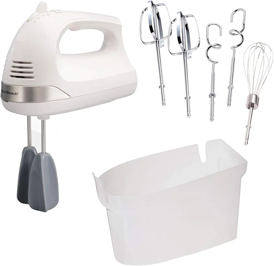 Hamilton Beach 6-Speed Electric Hand Mixer with Whisk, Dough Hooks and Easy Clean Beaters, Powerful 275 Watt Motor, Snap-On Storage Case, White