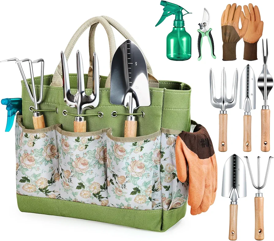 Grenebo Outils de Jardinage, 9 pièces Ensemble de Jardinage en Acier Inoxydable avec XL Sac de Rangement, Arrosoir, Gants de, Cadeaux de kit Jardinage pour Homme et Femme