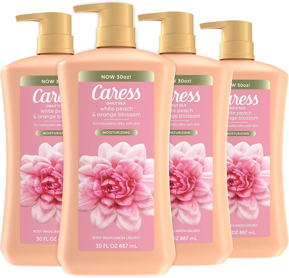 Caress Body Wash for Women with Pump, Daily Silk White Peach & Orange Blossom, Shower Gel Body Wash Moisturizing for Noticeably Silky, Soft Skin, 30 fl oz, 4 Pack