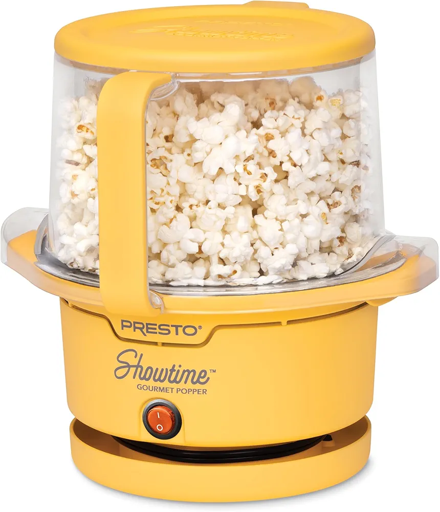 Presto 05206 Showtime Gourmet Oil Popcorn Popper - 9-Cups, Built-In Serving Bowl, Compact Design, Ceramic Nonstick, PFAS Free, Yellow