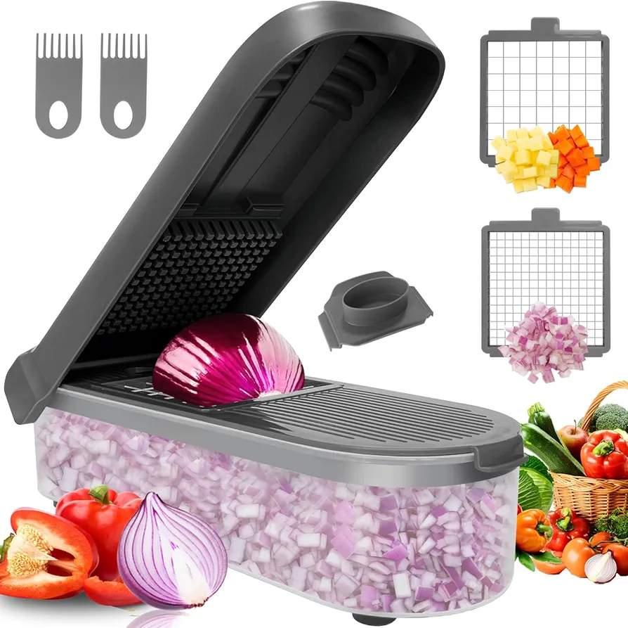 LHS Vegetable Chopper Multifunctional Food Chopper Onion Chopper Vegetable Slicer Dicer Cutter Potato Cutter Veggie Chopper with Container (4 in 1, Grey)