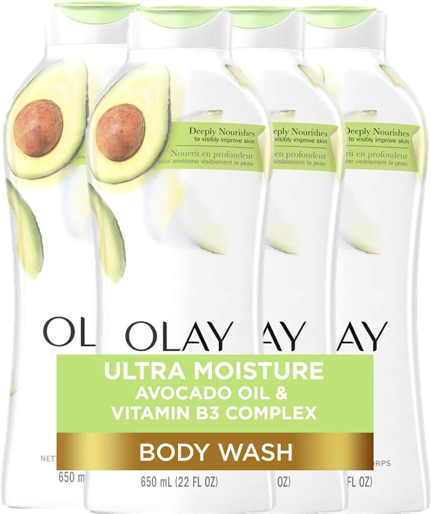 Olay Ultra Moisture Body Wash for Women, Deeply Nourishes, Vitamin B3 Complex, Clinically Proven, Avocado Oil Scent, 22 Fl Oz (Pack of 4)