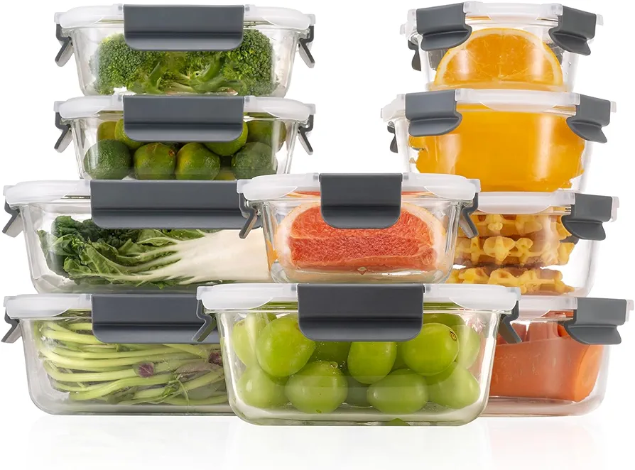 Glass Food Storage Containers with Airtight Lids, Glass Meal Prep Containers for Lunch Food Storage with Lids, Glass Food Container Set, Glass Lunch Box for Kitchen, BPA Free（20 Pieces）