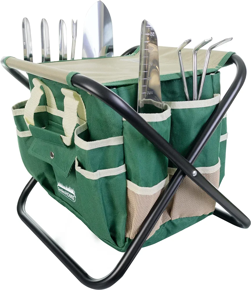 GardenHOME Kit Complet d'Outils de Jardinage - 7 Pièces, Acier Inoxydable Robuste, Tabouret Pliant Solide, Sac à Outils Détachable