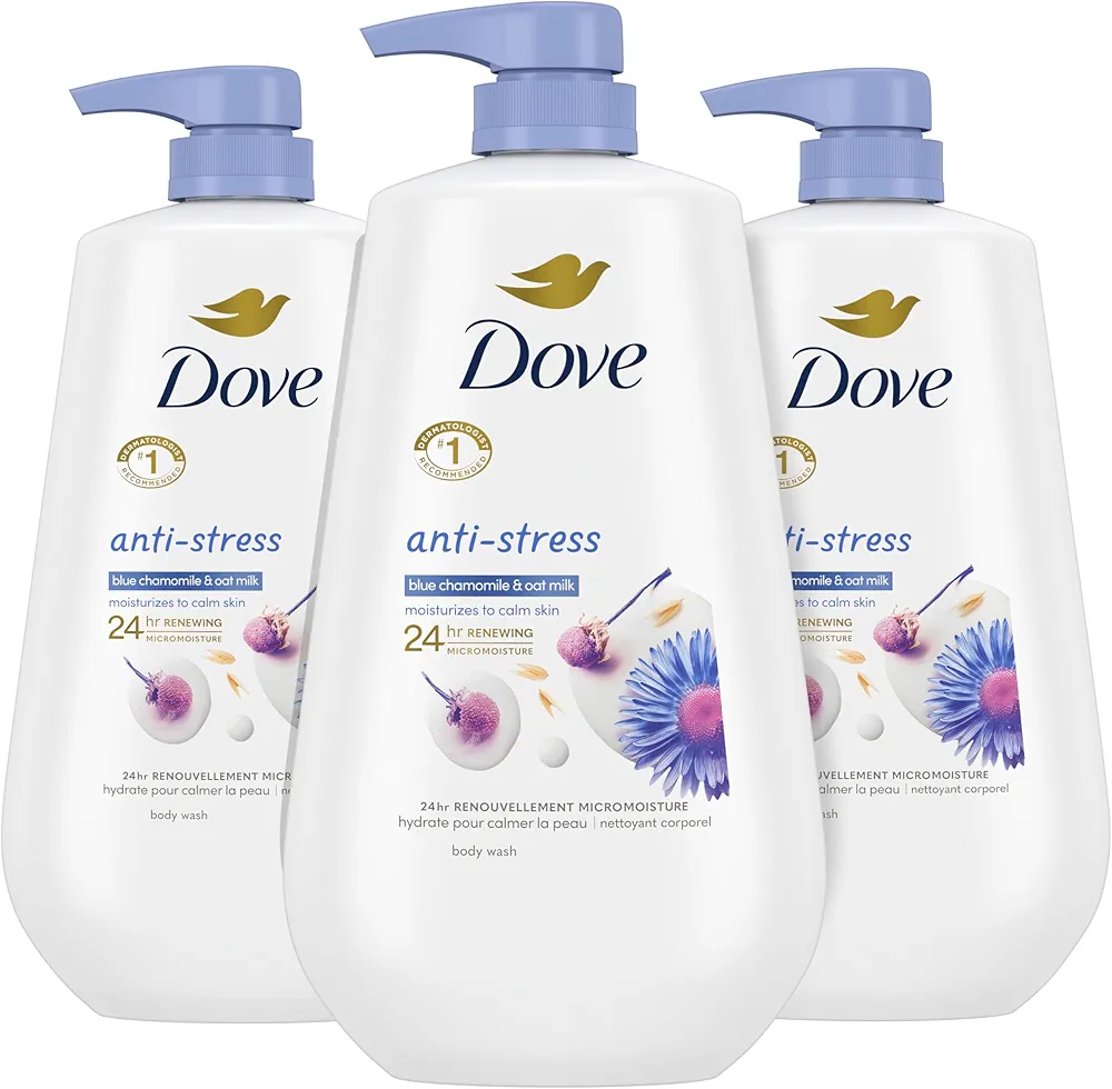 Dove Body Wash with Pump Anti-Stress Blue Chamomile & Oat Milk, 3 Count for Renewed, Healthy Looking Skin, Moisturizing Gentle Skin Cleanser with 24hr Renewing MicroMoisture, 30.6 oz