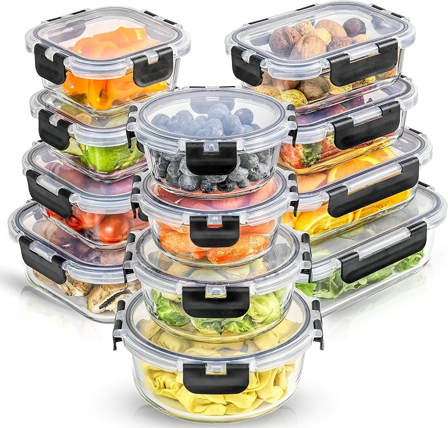 JoyJolt JoyFul 24pc(12 Airtight, Freezer Safe Food Storage Containers and 12 Lids), Pantry Kitchen Storage Containers, Glass Meal Prep Container for Lunch, Glass Storage Containers with Lids