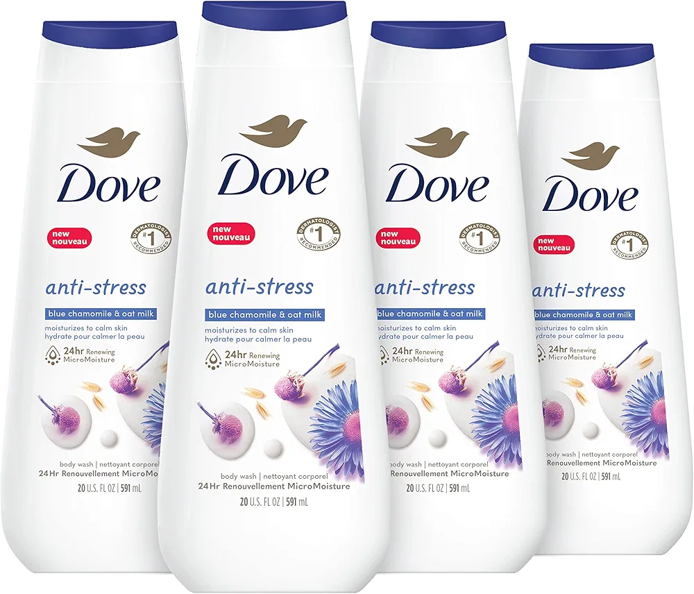 Dove Body Wash Anti-Stress Blue Chamomile & Oat Milk 4 Count for Renewed, Healthy-Looking Skin Moisturizing Gentle Skin Cleanser with 24hr Renewing MicroMoisture 20 oz