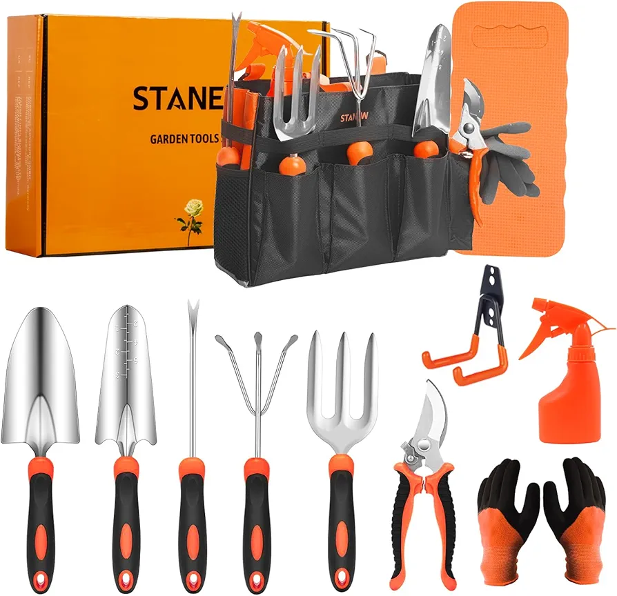 Stanew 13PCS Ensemble d'outils de Jardin en Acier Inoxydable,Poignée en Caoutchouc Ergonomiques Gant Jardin, Sac de Rangement, Cadeaux de Jardinage pour Les Femmes et Les Hommes