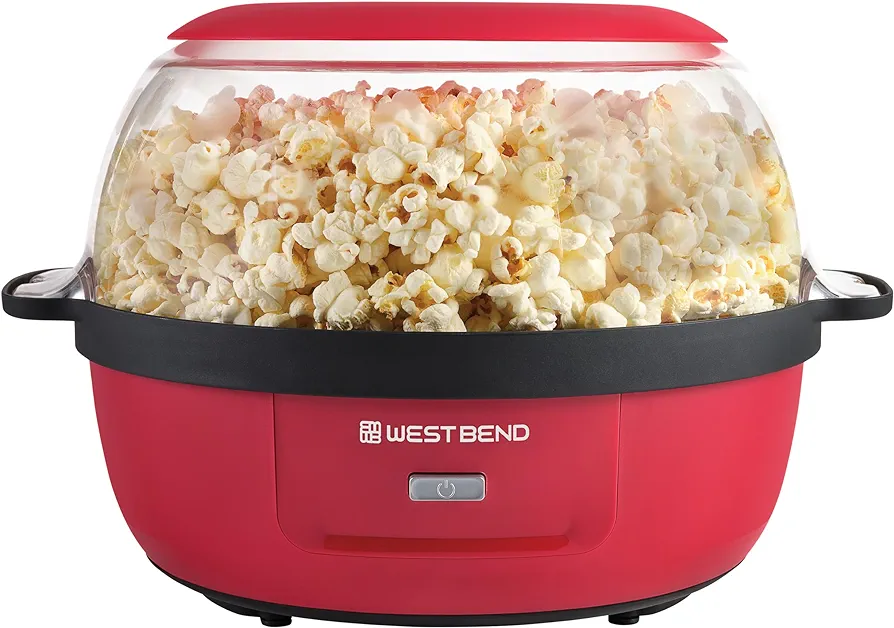 West Bend Stir Crazy Hot Oil Popcorn Popper, Popcorn Maker Machine with Large Serving Bowl Lid and Stirring Rod, 6 Qt, Red