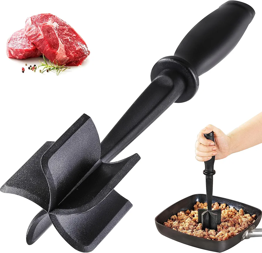 Avocado Smasher Tool, Heat Resistant Meat Masher For Hamburger Meat, Ground Beef Smasher, Nylon Hamburger Chopper Utensil, Non Stick Mix Chopper, Potato Masher Tool (Black 1 pcs)