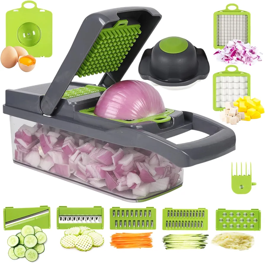 Vegetable cutting machine, food cutting machine, salad cutting machine, mandolin cutting machine, cheese grater, 15 in 1 professional food multi-functional vegetable cutting machine and container