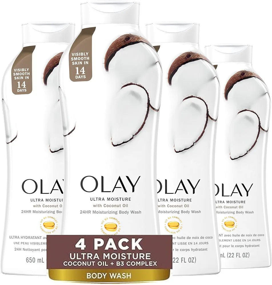 Olay Ultra Moisture Body Wash for Women, 24hr Moisturizing for Smooth & Healthy Skin, Coconut Oil Scent, 22 oz (Pack of 4)