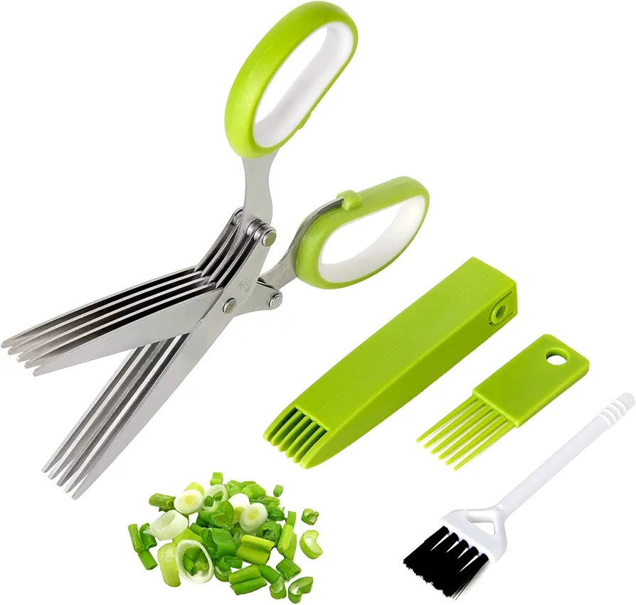 Styleonme Scissors Herb, Sharp Heavy Scissors for Cutting, Chopping and Cooking Fresh Garden Herbs, 5 Stainless Steel Blades and Covers, Vanilla Cutter Chopper Garden Kitchen Gadgets