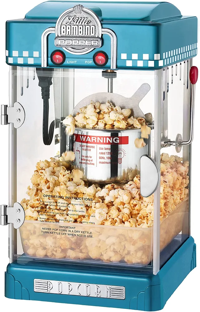 Little Bambino Popcorn Machine - 2.5oz Tabletop Movie Theater Popcorn Popper with Stainless-Steel Kettle by Great Northern Popcorn (Blue)