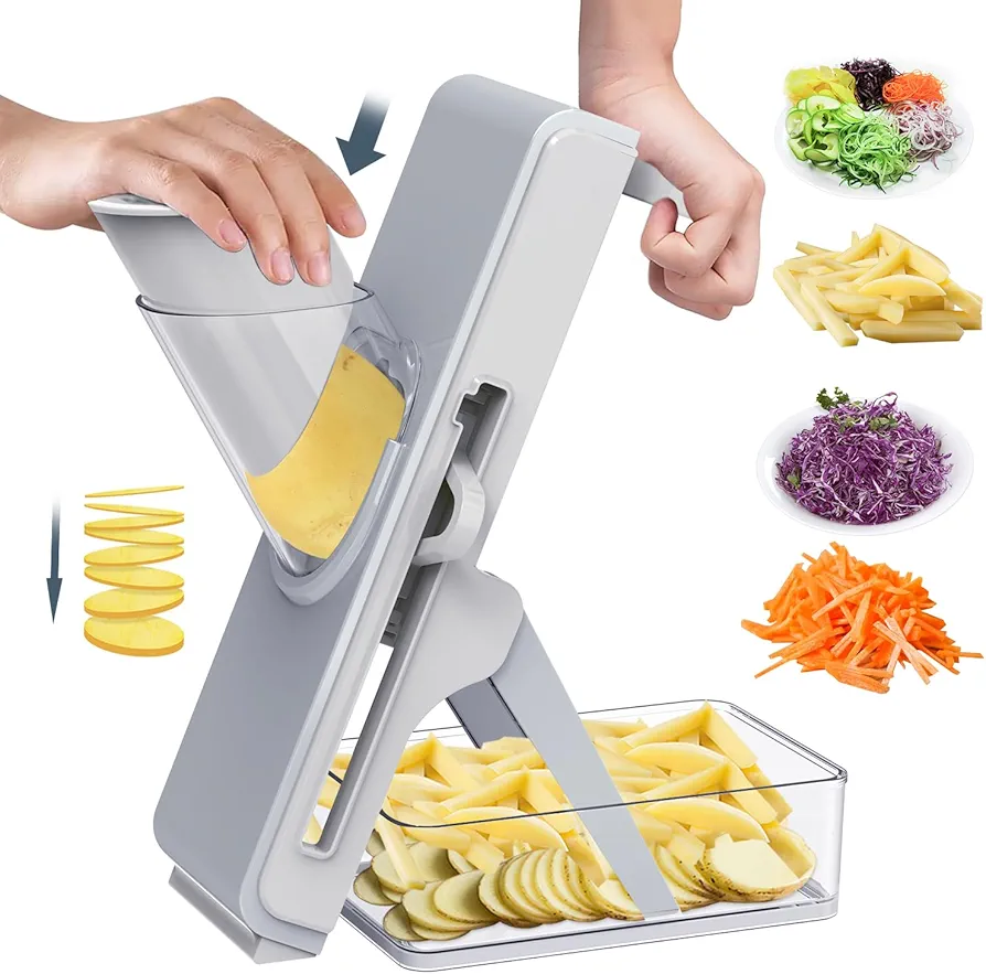 Upgrade Safe Mandoline Slicer for Kitchen - Multifunctional Vegetable Salad Chopper, Potato Cucumber Slicer, French Fry Cutter, Professional 3 in 1 Veggie Food Chopper with Container (Light Grey)