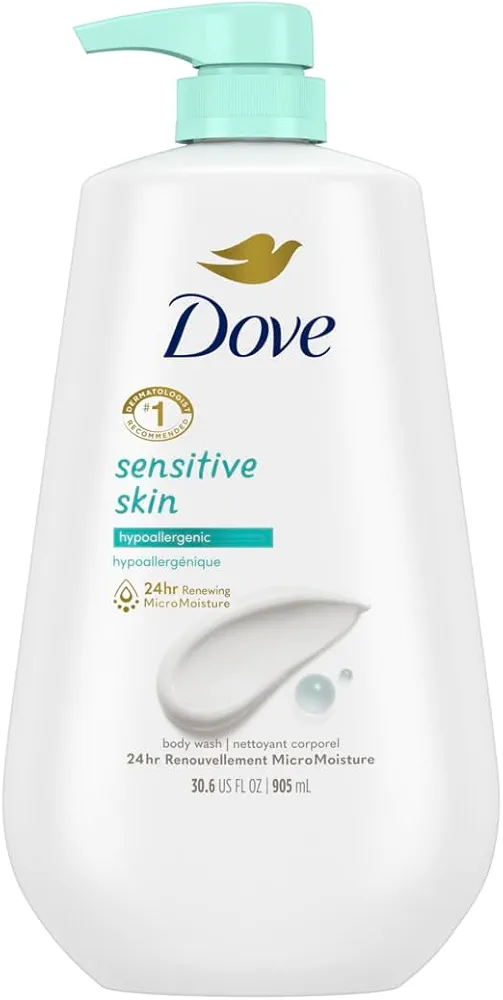 Dove Body Wash with Pump Sensitive Skin Hypoallergenic, Paraben-Free, Sulfate-Free, Cruelty-Free, Moisturizing Skin Cleanser Effectively Washes Away Bacteria While Nourishing Skin 30.6 oz