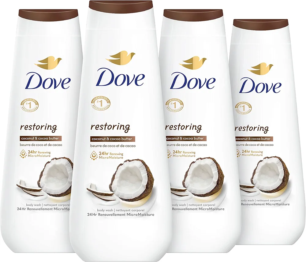 Dove Body Wash Restoring Coconut & Cocoa Butter 4 Count for Renewed, Healthy-Looking Skin Gentle Skin Cleanser That Effectively Washes Away Bacteria While Nourishing Your Skin 20 oz