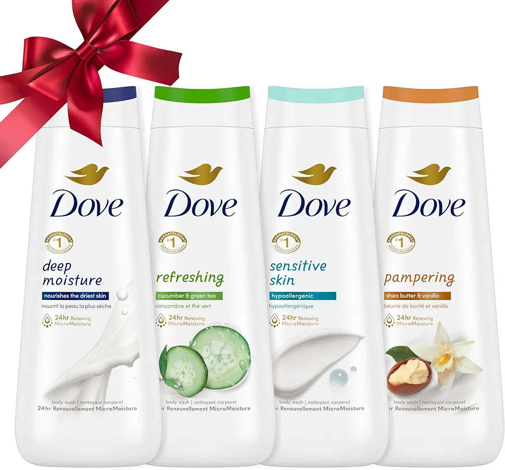 Dove Body Wash Deep Moisture, Sensitive Skin, Cucumber and Green Tea, and Shea Butter & Vanilla Collection 4 Count Skin Cleanser with 24hr Renewing MicroMoisture 20 oz