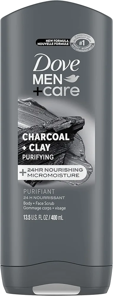 DOVE MEN + CARE Purifying Charcoal + Clay Body and Face Wash with 24-Hour Nourishing Micromoisture Technology Body Wash for Men, 13.5 oz