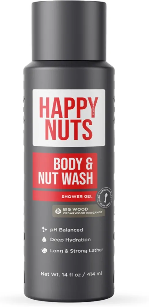 HAPPY NUTS Big Wood Body and Nut Wash - Moisturizing Men's Shower Gel, Bodywash with Deep Cleanse for Sensitive Skin - Men's Body Soap