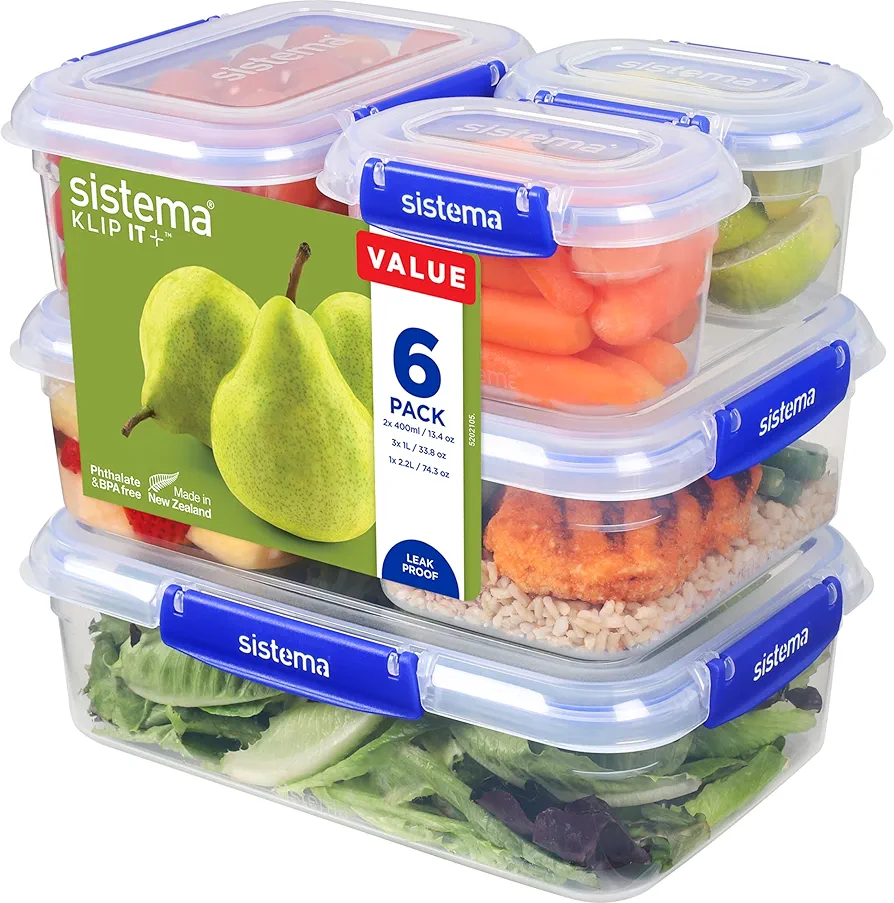 Sistema KLIP IT PLUS Leakproof Food Storage Containers | 2.2 L, 1 L, 400 ml | Airtight & Stackable Meal Prep Containers with Lids | Lunch Boxes & Snack Boxes | BPA-Free | 6 Count