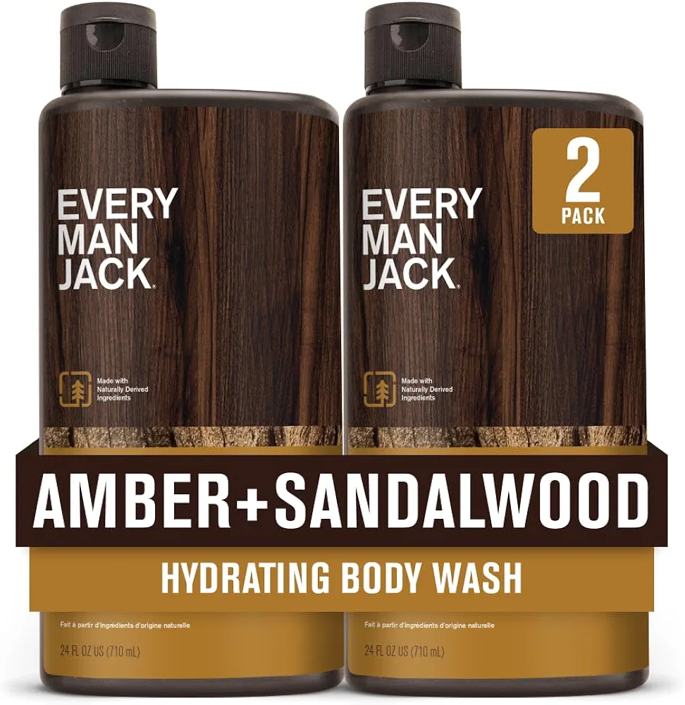 Every Man Jack Amber+Sandalwood Hydrating Mens Body Wash for All Skin Types-Cleanse, Nourish, and Hydrate Skin with Naturally Derived Ingredients-Paraben Free, Phthalate Free, Dye Free-24oz(Pack of 2)