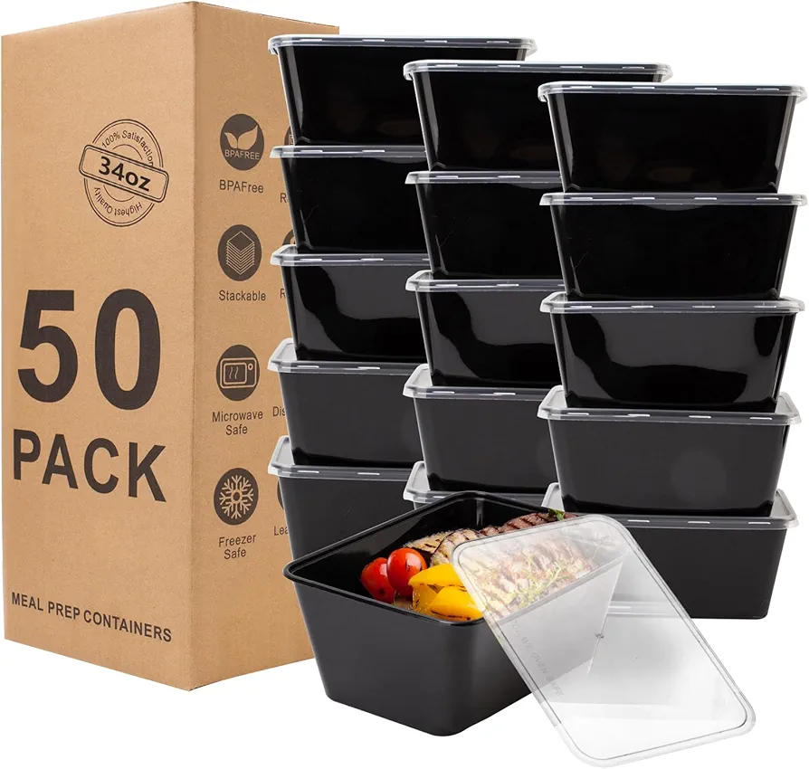 Meal Prep Containers 50Pack - 34oz Food Storage Containers with Lids, Plastic Food Prep Containers, Disposable To Go food Containers, BPA Free, Stackable, 1000ml, Microwave/Dishwasher/Freezer Safe