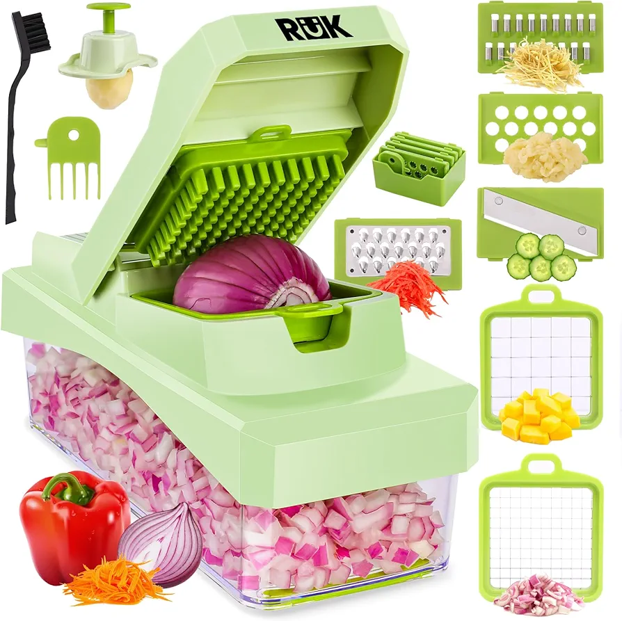 Vegetable Chopper, Cheese Slicer, Food Chopper, Veggie Chopper, Onion Chopper, Salad Chopper, Mandoline Slicer & Cheese Grater, Vegetable Chopper with Container, (10 in 1 - Green)