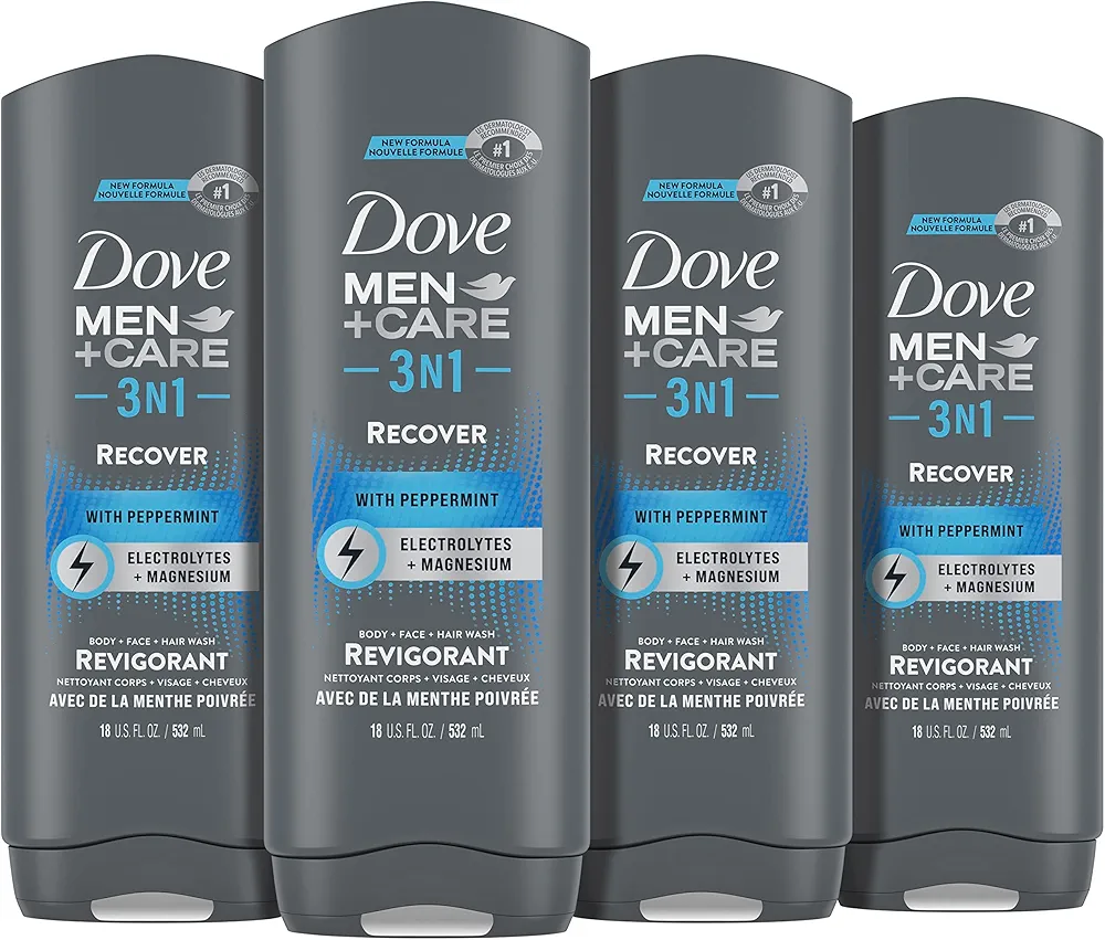 Dove Men+Care Post-Workout 3-IN-1 (Body + Face + Hair Wash) With Peppermint 4 Count Infused with Electrolytes + Magnesium 18 oz