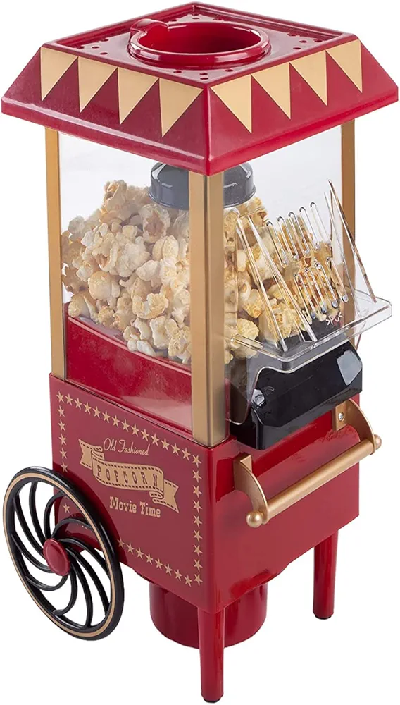 Hot Air Popcorn Popper Maker, Vintage-Style Countertop Popper Machine with 6-Cup Capacity, Electric Popcorn Maker Machine, Great for Holding Parties in Home (Red)