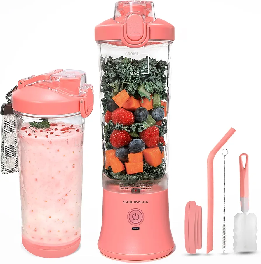 Portable Blender 20 Oz, Personal Blender for Shakes and Smoothies with 6 Blades, Cordless Travel Blender Cup, Single Serve Blender, Mini Small Smoothie Blender Bottle for Kitchen, Home, Travel (Pink)