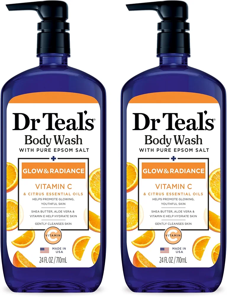 Dr Teal's Body Wash with Pure Epsom Salt, Glow & Radiance with Vitamin C & Citrus Essential Oils, 24oz (Pack of 2)