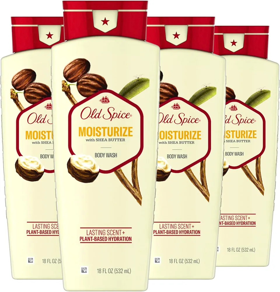 Old Spice Men's Body Wash Moisturize with Shea Butter, Lasting Scent, 24/7 Shower Freshness, Hydration, 18 oz (Pack of 4)