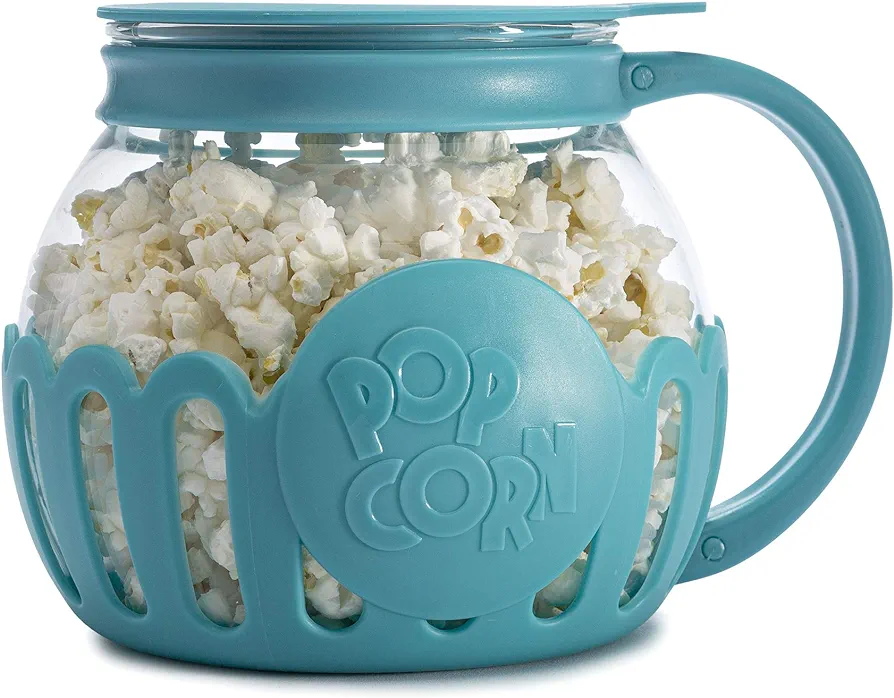 Ecolution Patented Micro-Pop Microwave Popcorn Popper with Temperature Safe Glass, 3-in-1 Lid Measures Kernels and Melts Butter, Made Without BPA, Dishwasher Safe, 1.5-Quart, Teal