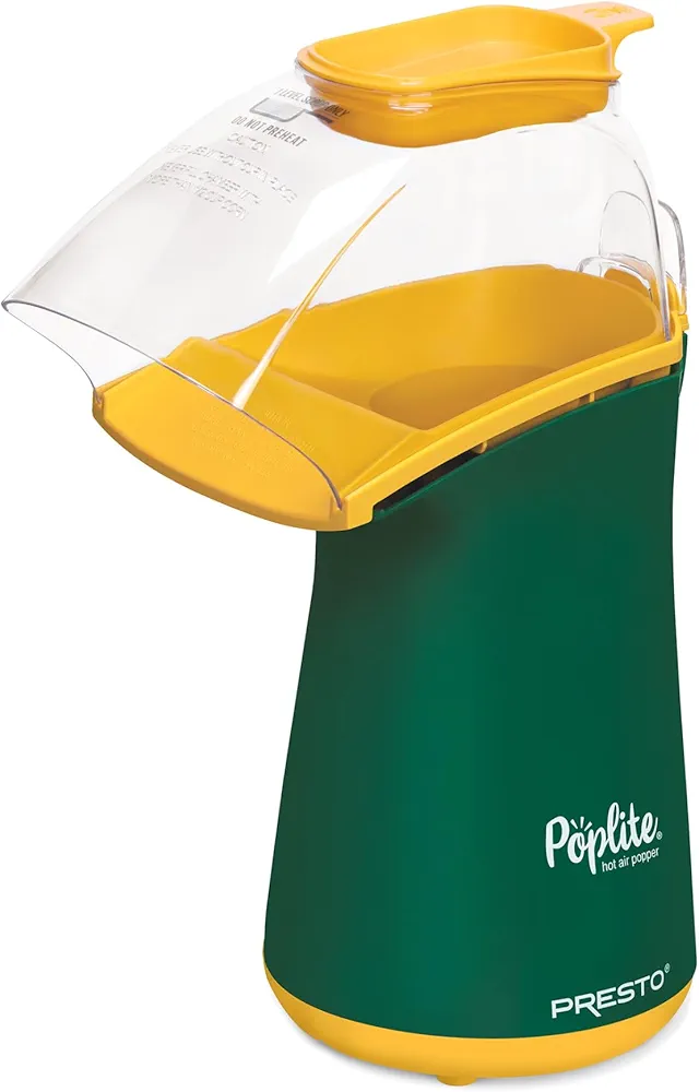 Presto 04870 Poplite Hot Air Popcorn Popper - Built-In Measuring Cup + Melts Butter, Easy to Clean, Built-In Cord Wrap, 18 Cups, Green/Gold