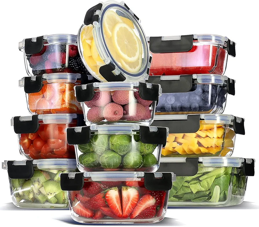 EATEX 12-Pack Glass Food Storage Containers with Lids, Airtight Glass Meal Prep Containers, Reusable Glass Food Containers with Leakproof Snap Lock Lids, Oven Microwave Freezer Safe Lunch Containers