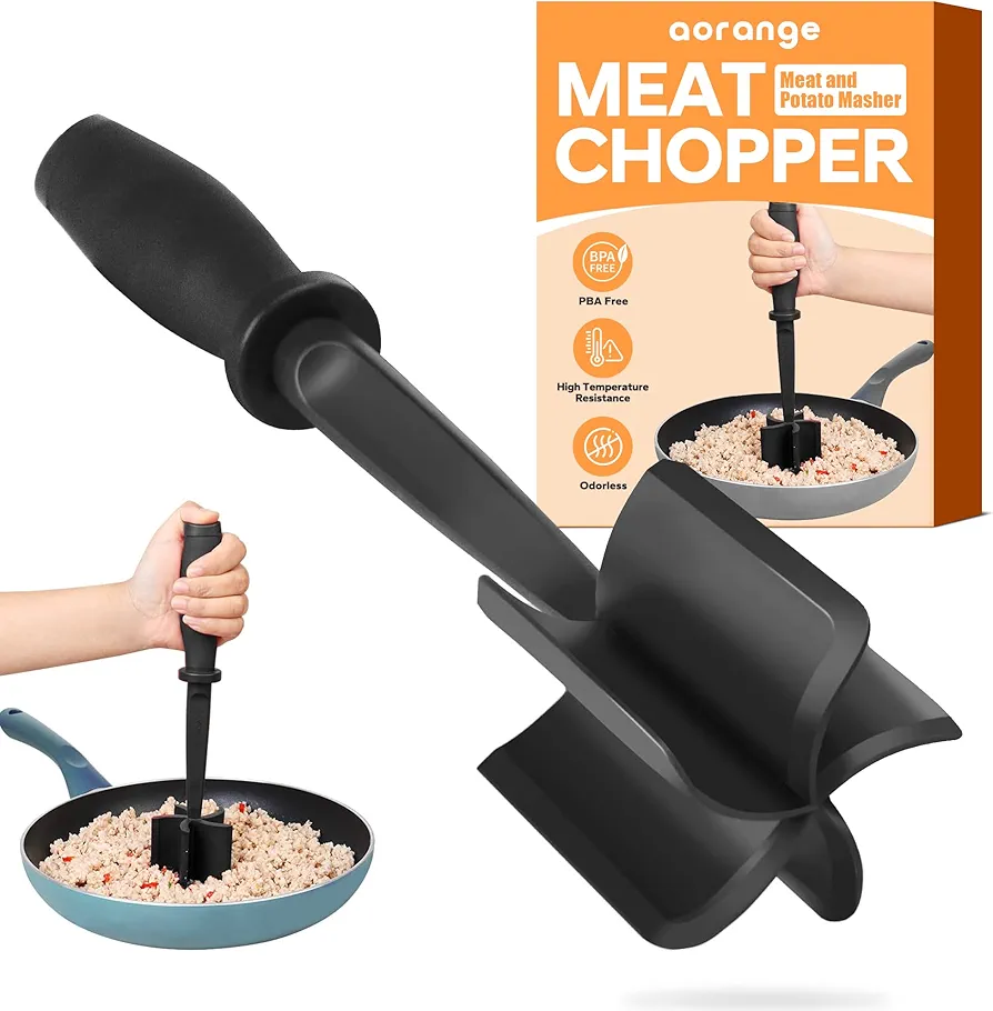 Meat Chopper, Professional Heat Resistant Nylon Meat and Potato Masher, Ground Beef Chopper Tool, Meat Chopper for Ground Beef, Hamburger Meat, Turkey and More, Non-Stick Cookware, Black